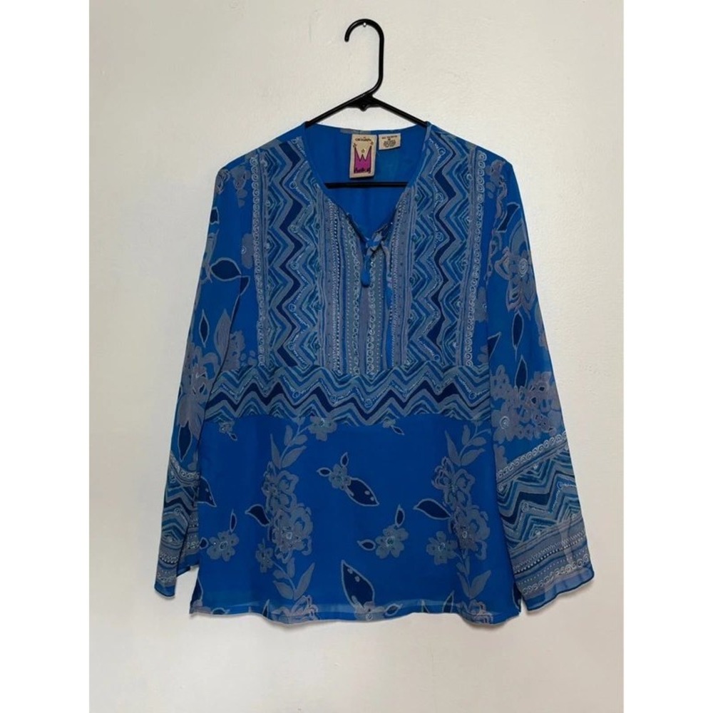 Original Antthony‎ Blue Floral Geometric Beaded Chiffon Blouse Top Medium Boho
